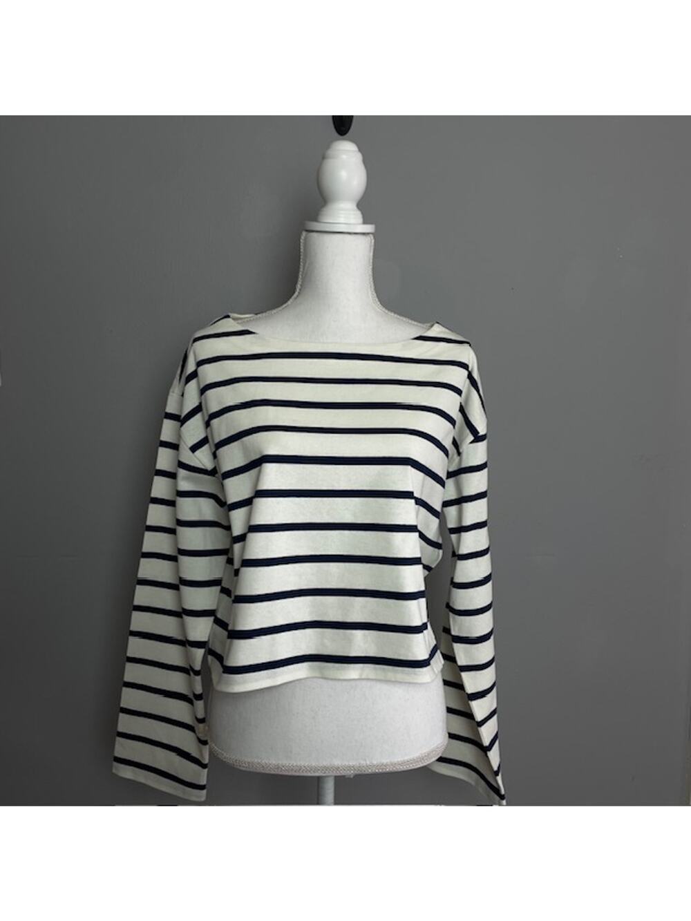 J.Crew Breton Stripe Cropped Top Navy Ivory Long Sleeve Cotton NWT Size L